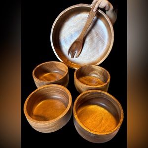 Vintage Monkey Pod Wood 6 Piece Salad Bowl Serving Set MCM